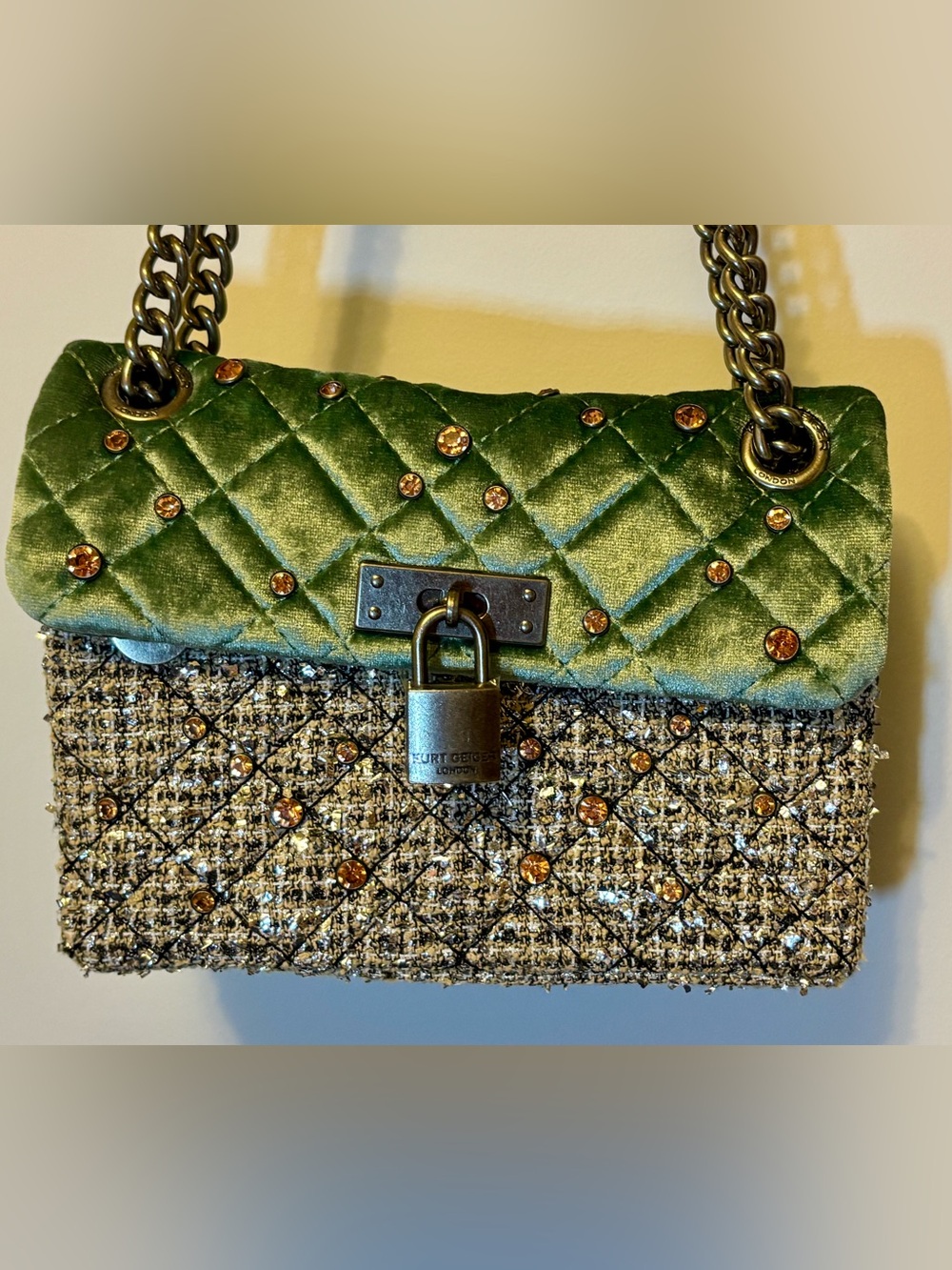 Green Quilted Velvet & Tweed Chain Shoulder Bag